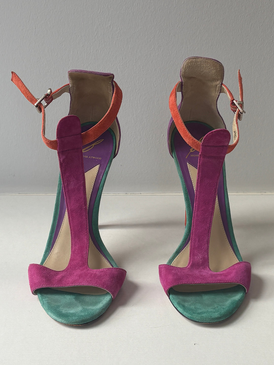 Brian Atwood Multicolor Suede Ankle-Strap Heeled Sandals