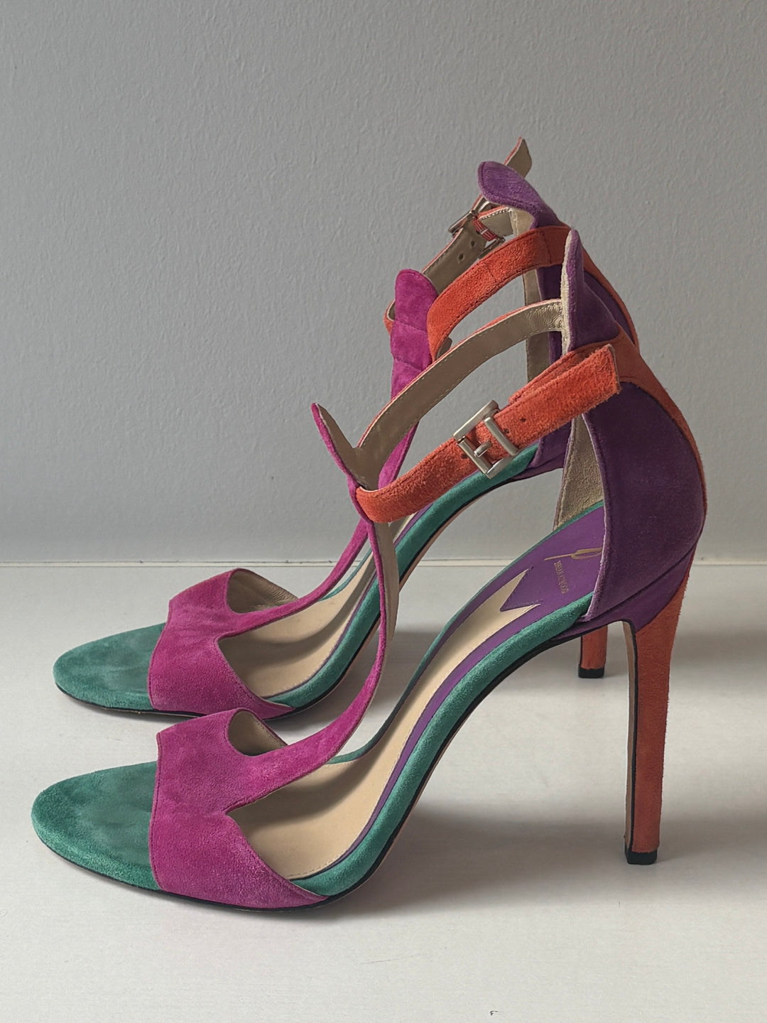 Brian Atwood Multicolor Suede Ankle-Strap Heeled Sandals