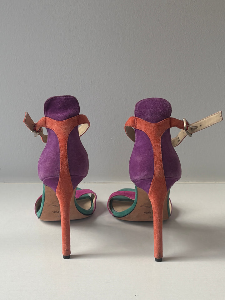 Brian Atwood Multicolor Suede Ankle-Strap Heeled Sandals