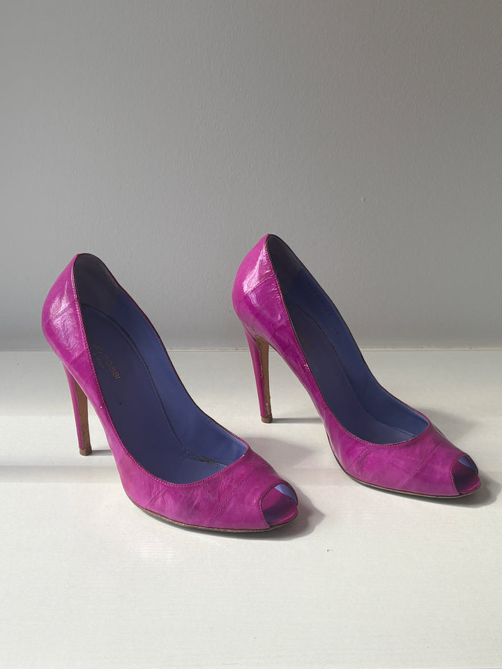 Sergio Rossi Fuchsia Leather Peep Toe Pumps