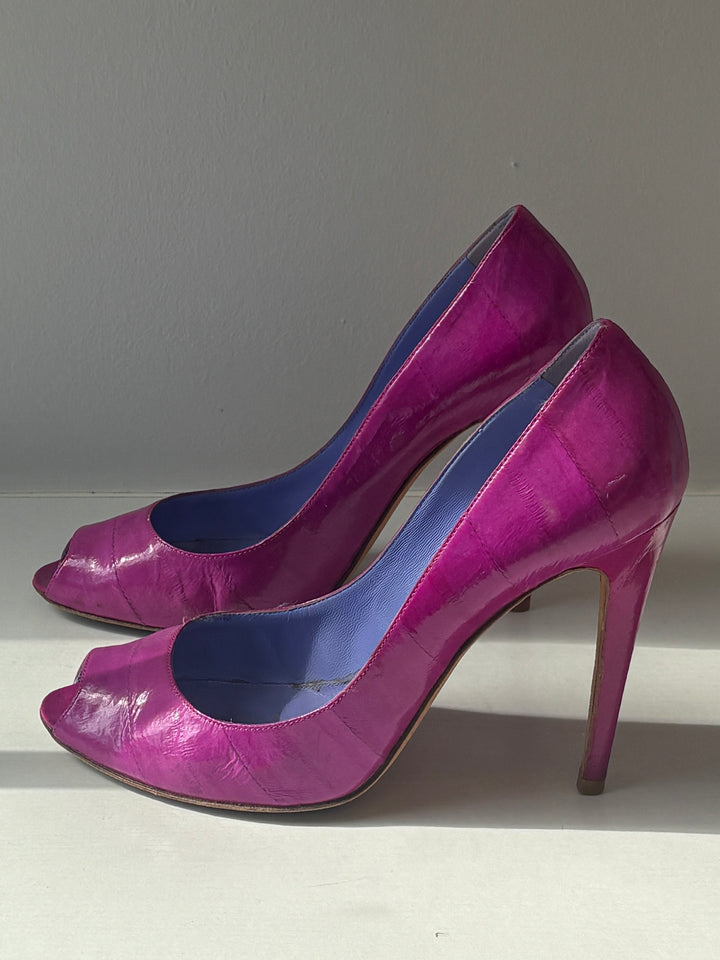 Sergio Rossi Fuchsia Leather Peep Toe Pumps