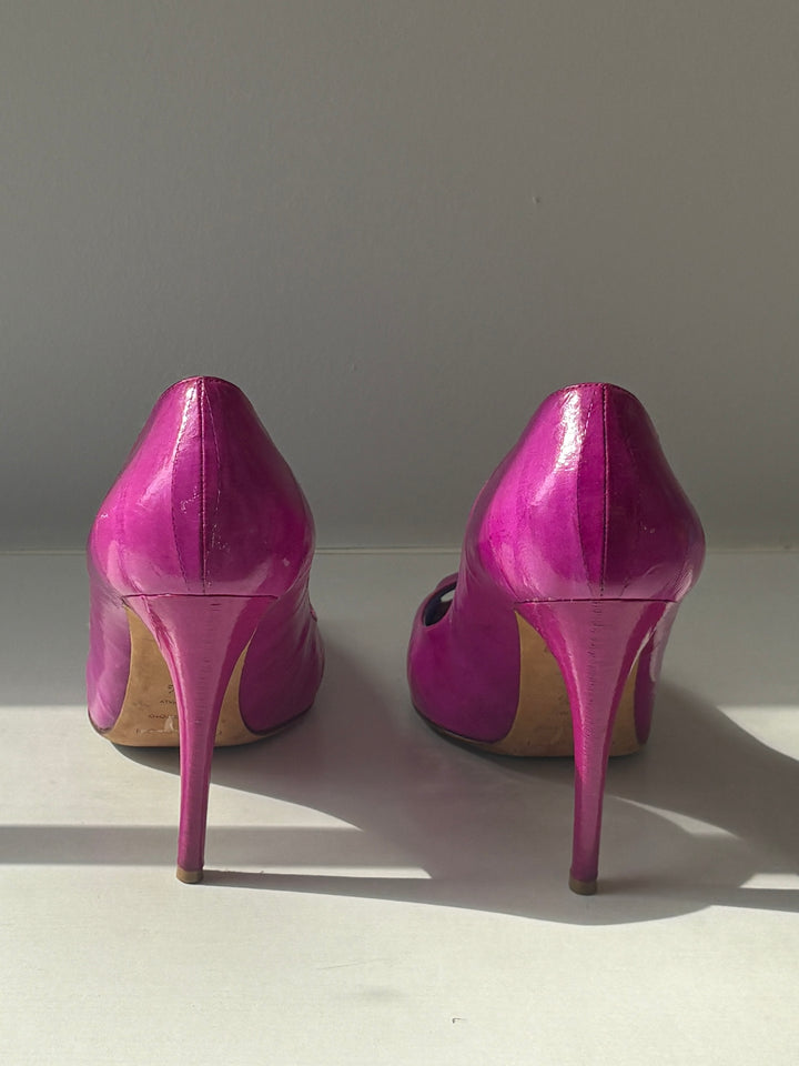 Sergio Rossi Fuchsia Leather Peep Toe Pumps