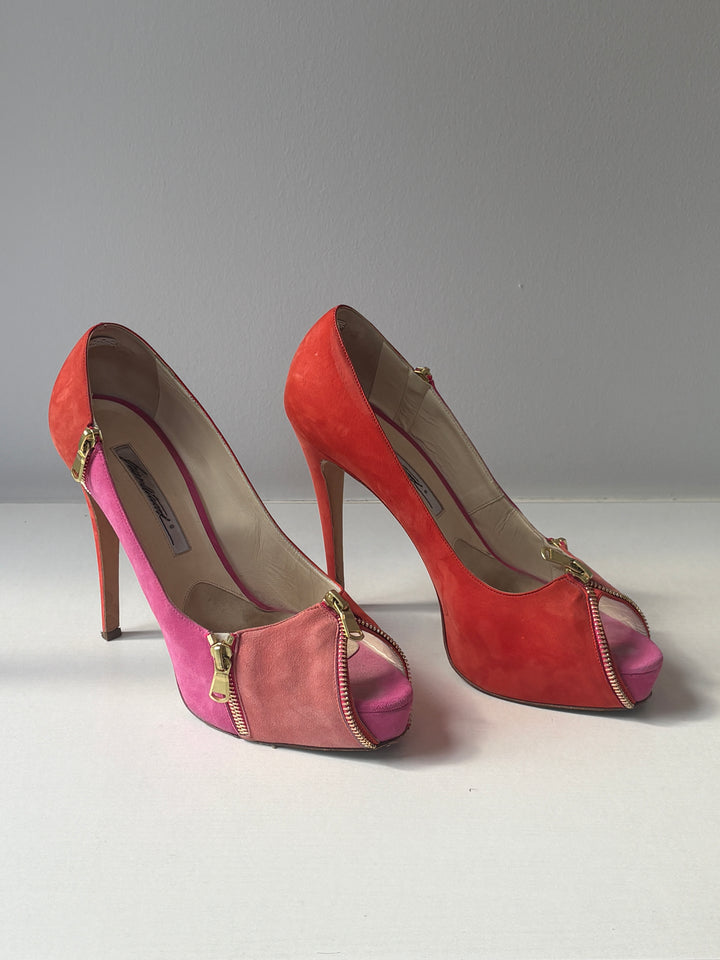 Brian Atwood Zips Colorblock Suede Peep Toe Platform Pumps