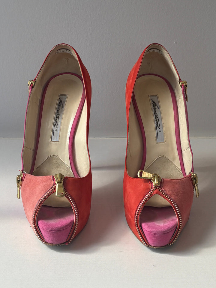 Brian Atwood Zips Colorblock Suede Peep Toe Platform Pumps