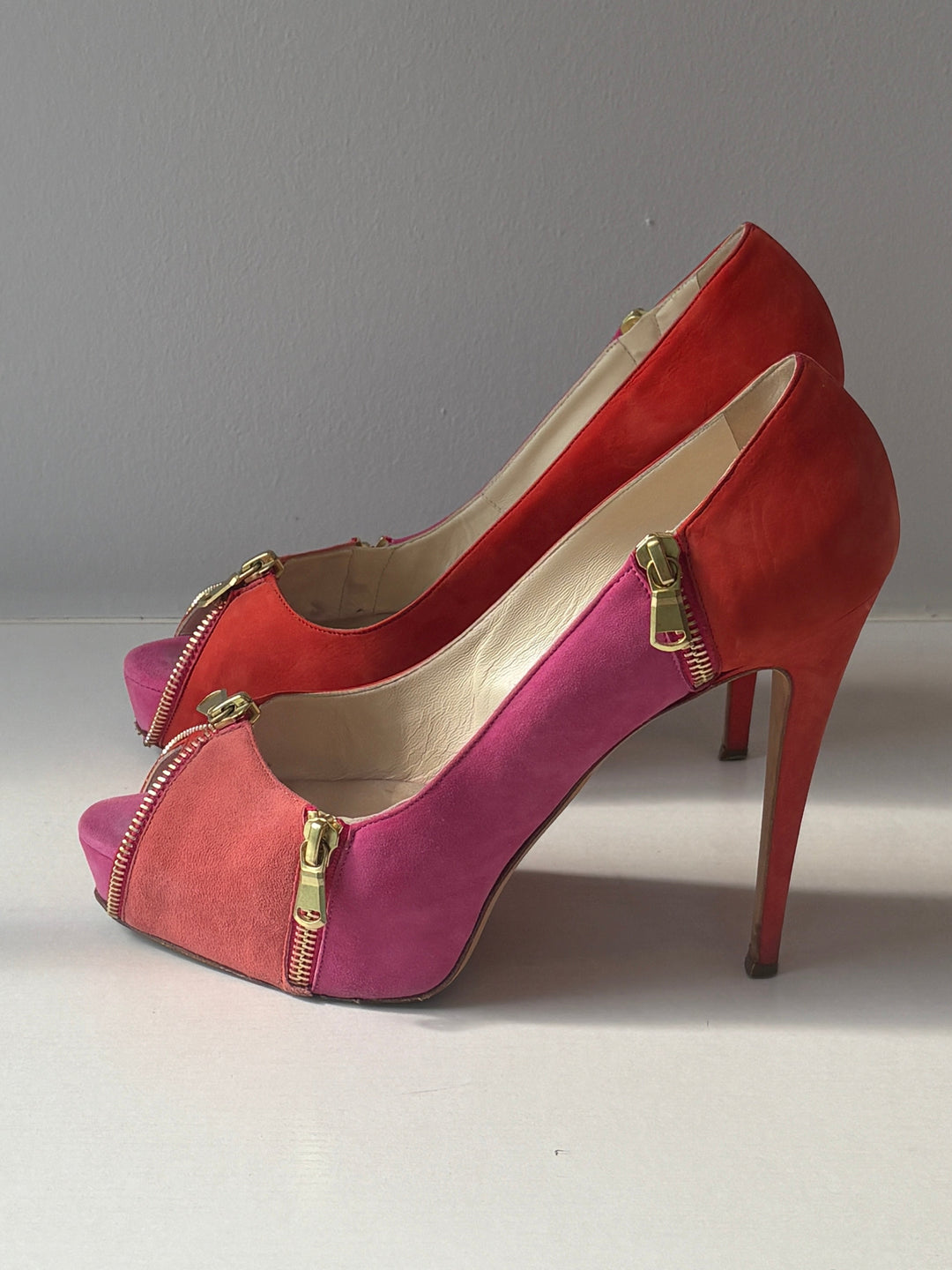 Brian Atwood Zips Colorblock Suede Peep Toe Platform Pumps
