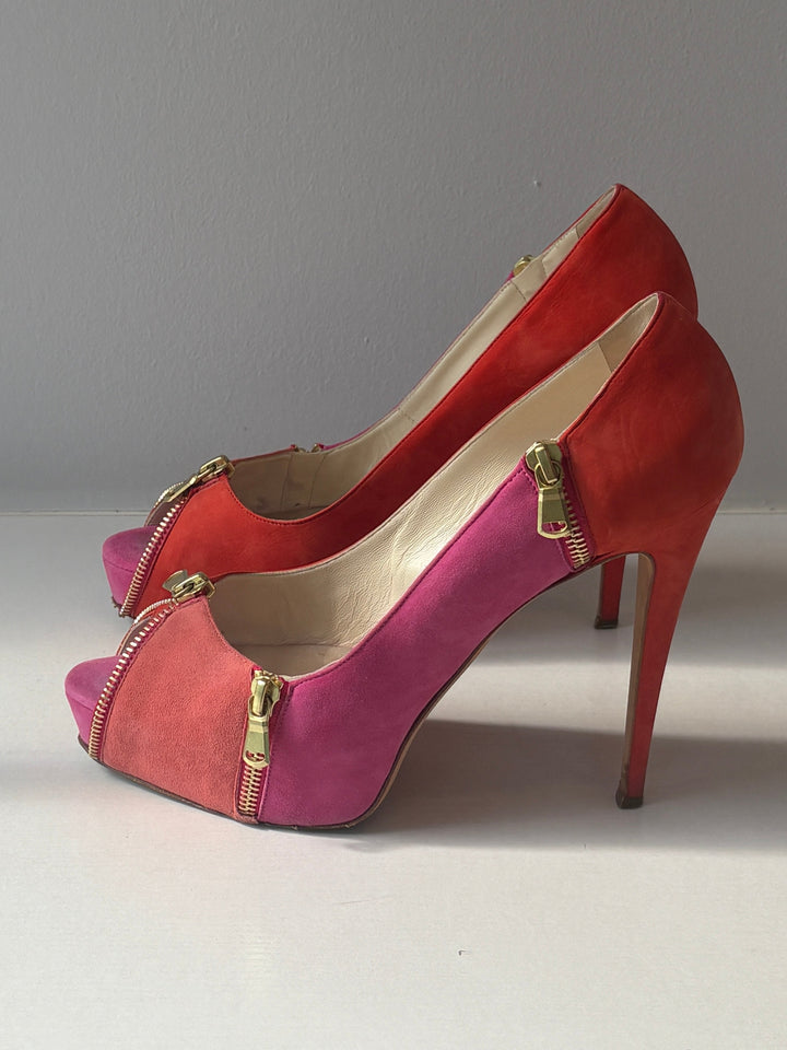 Brian Atwood Zips Colorblock Suede Peep Toe Platform Pumps