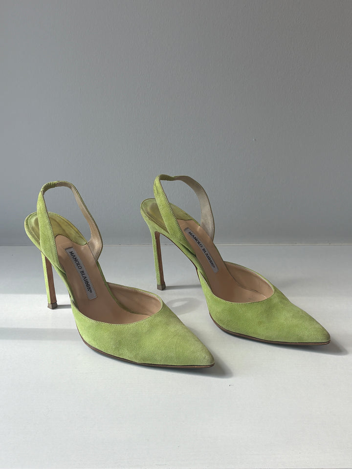 Manolo Blahnik Lime Green Suede Carolyne Slingback Pumps