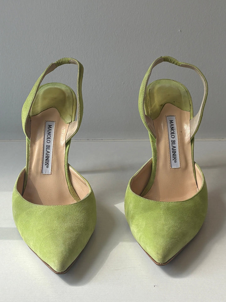 Manolo Blahnik Lime Green Suede Carolyne Slingback Pumps