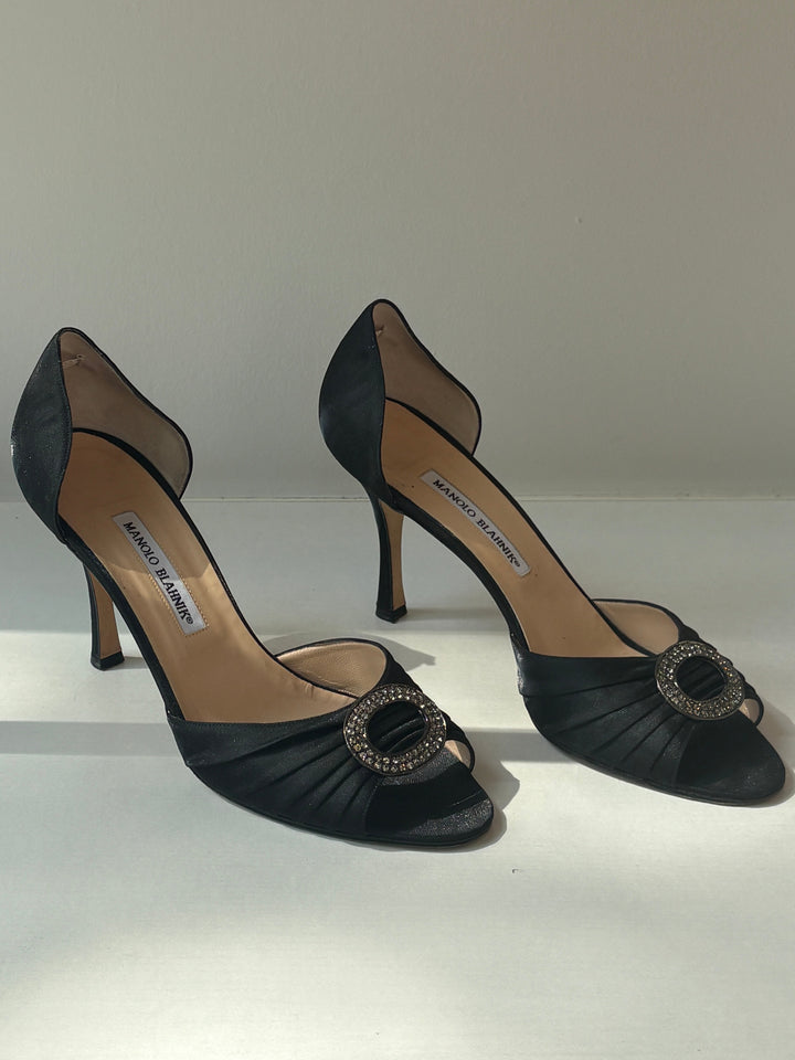Manolo Blahnik Black Satin Embellished Peep-Toe d&