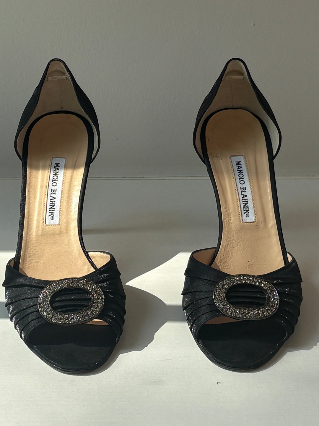 Manolo Blahnik Black Satin Embellished Peep-Toe d&