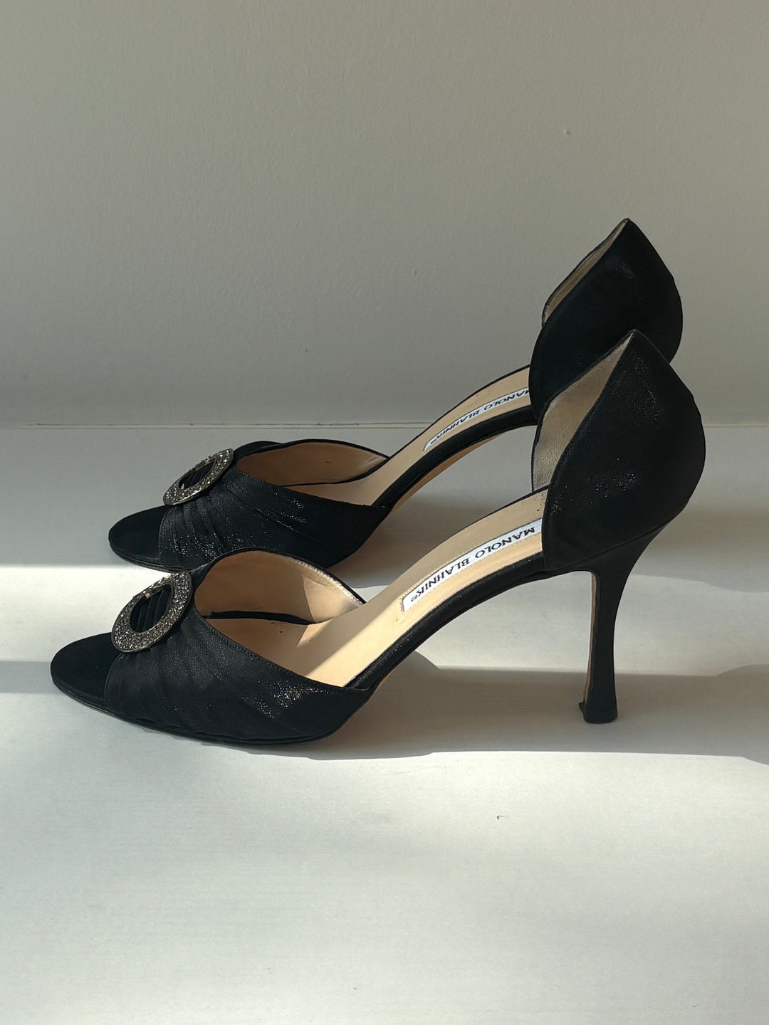 Manolo Blahnik Black Satin Embellished Peep-Toe d&