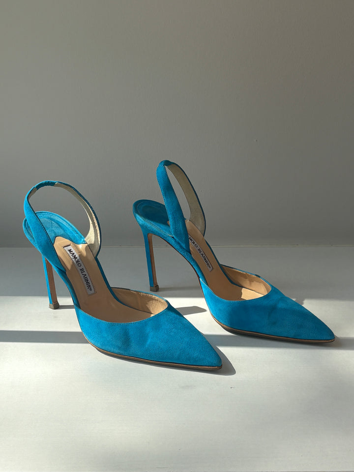 Manolo Blahnik Aqua Suede Carolyne Slingback Pumps