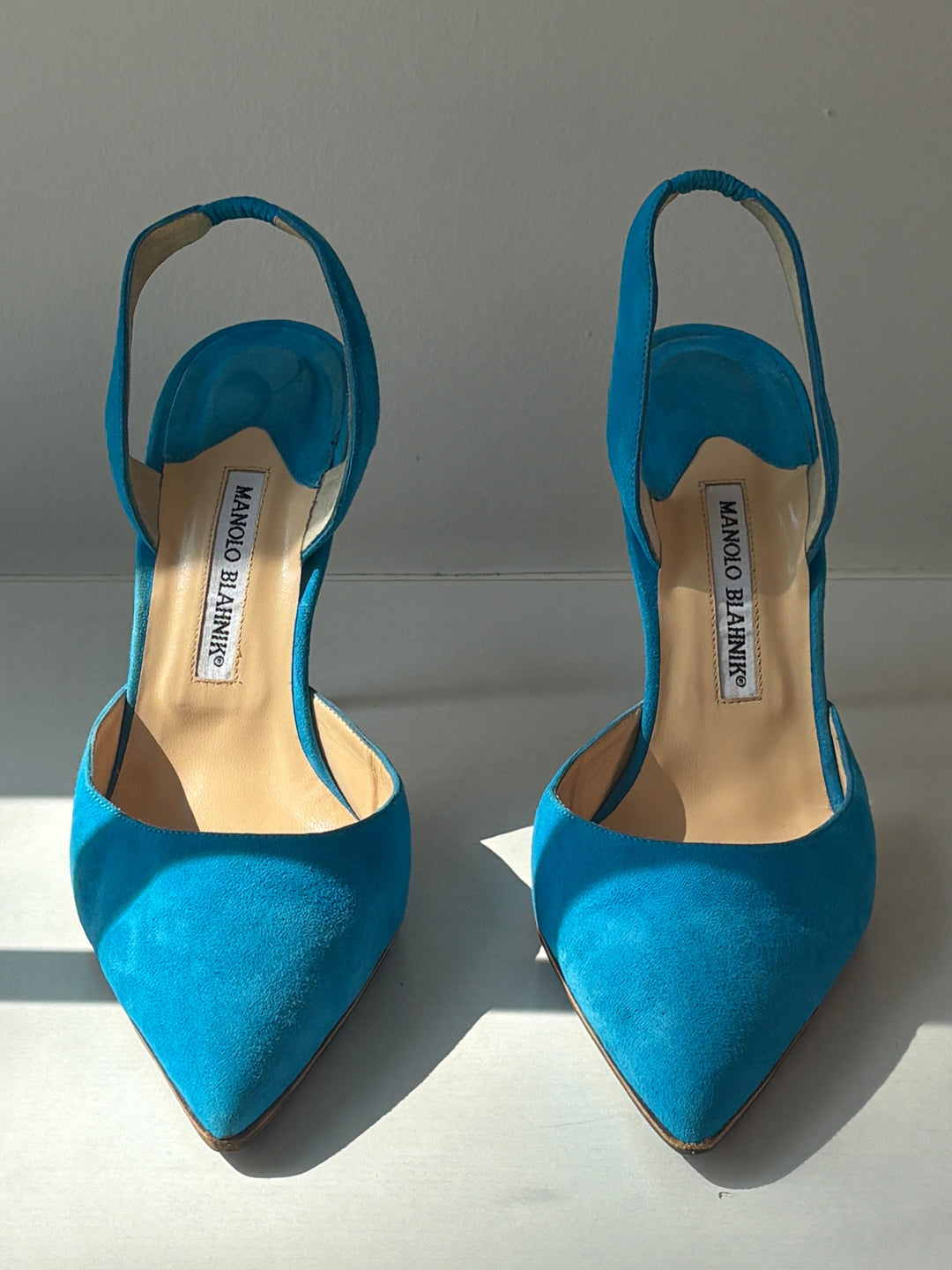 Manolo Blahnik Aqua Suede Carolyne Slingback Pumps