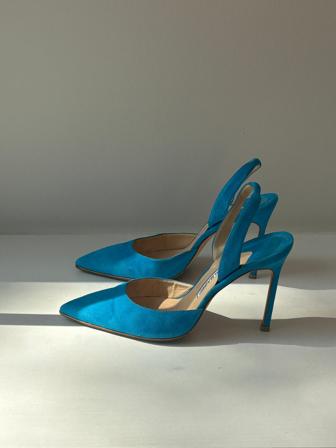 Manolo Blahnik Aqua Suede Carolyne Slingback Pumps
