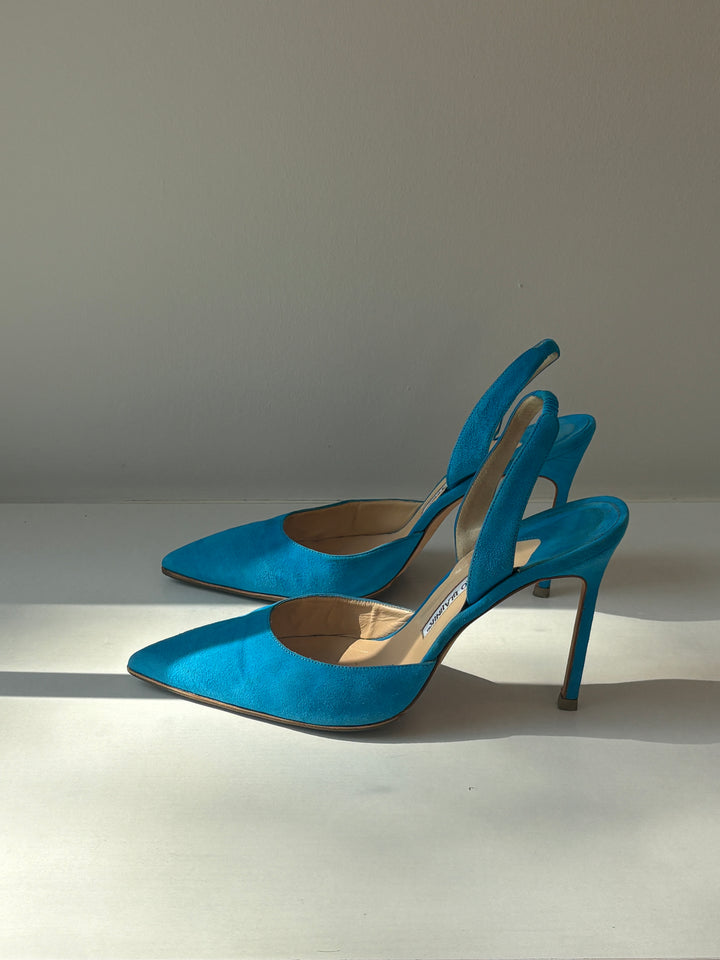 Manolo Blahnik Aqua Suede Carolyne Slingback Pumps