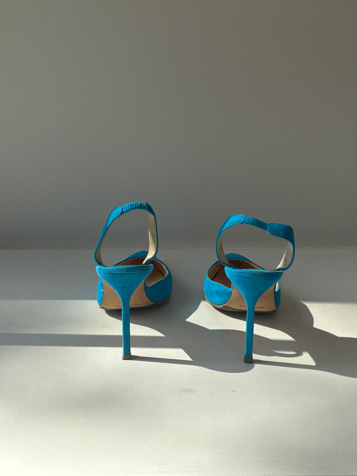 Manolo Blahnik Aqua Suede Carolyne Slingback Pumps