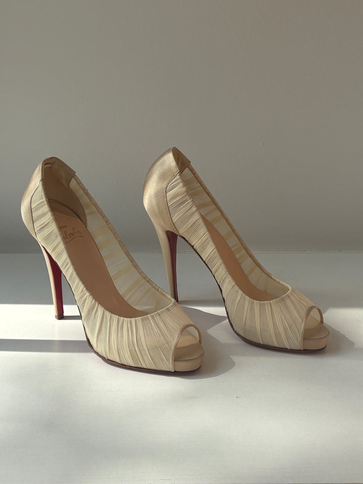 Christian Louboutin Ivory Chiffon Peep-Toe Heels