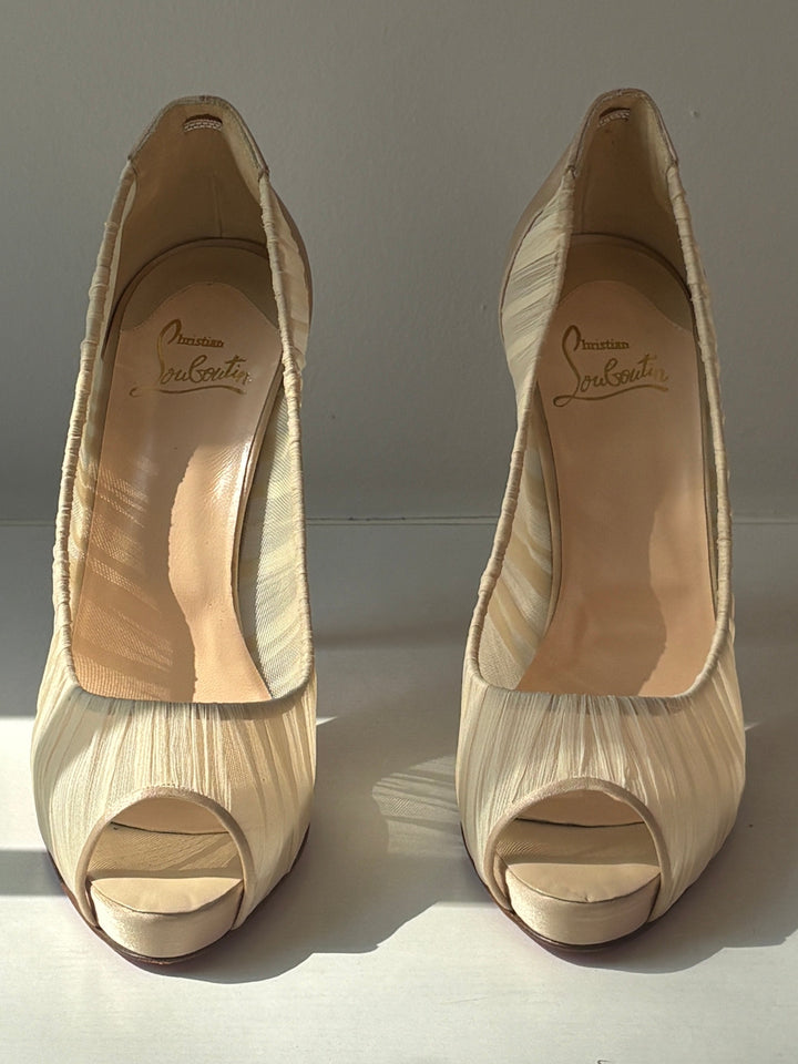 Christian Louboutin Ivory Chiffon Peep-Toe Heels