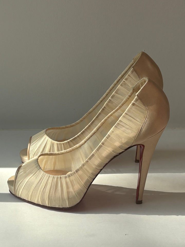 Christian Louboutin Ivory Chiffon Peep-Toe Heels