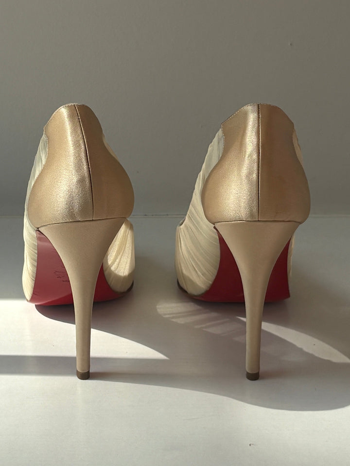 Christian Louboutin Ivory Chiffon Peep-Toe Heels
