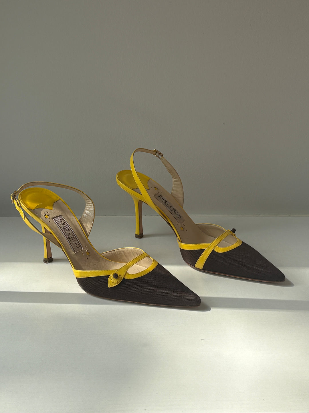 Jimmy Choo Vintage Brown Canvas and Yellow Leather Slingback Heels