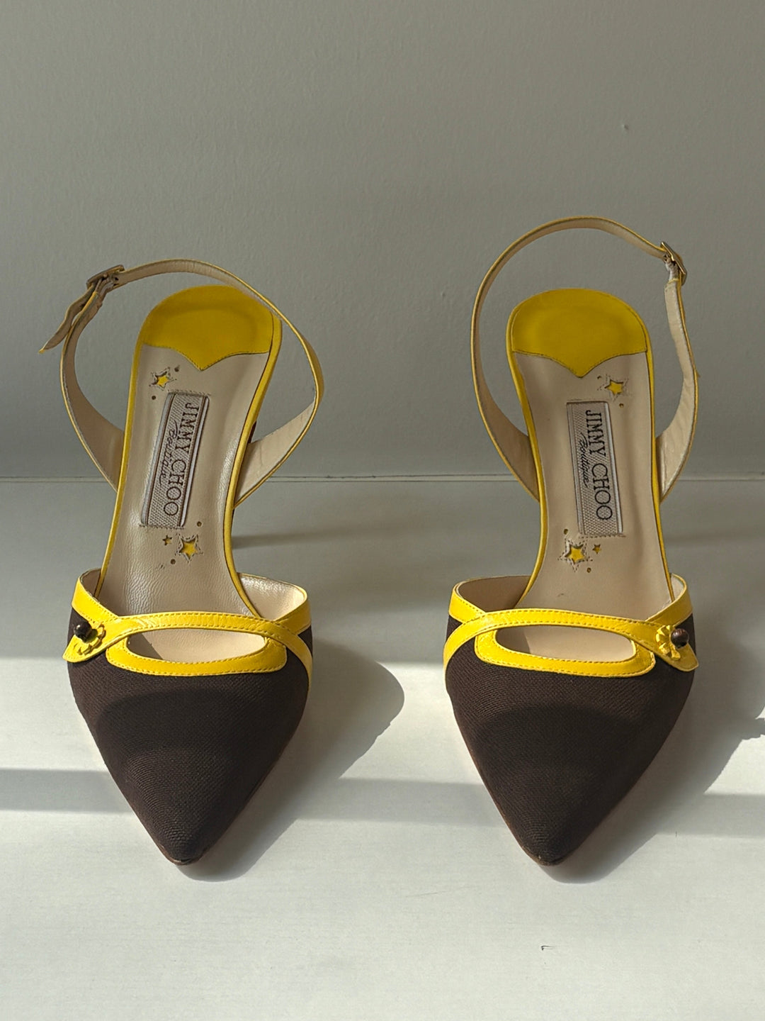 Jimmy Choo Vintage Brown Canvas and Yellow Leather Slingback Heels
