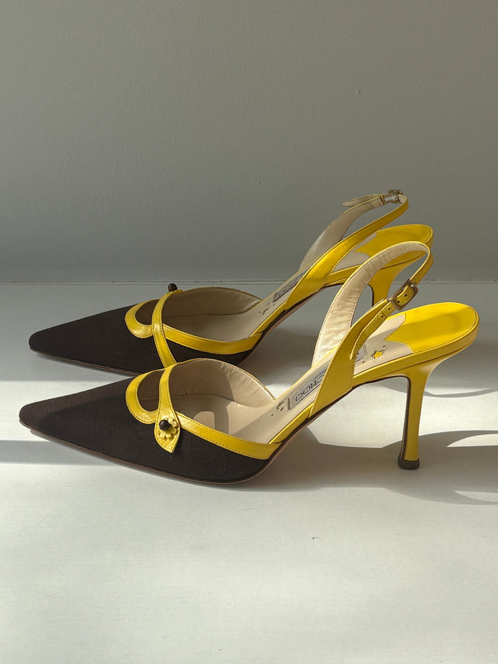 Jimmy Choo Vintage Brown Canvas and Yellow Leather Slingback Heels