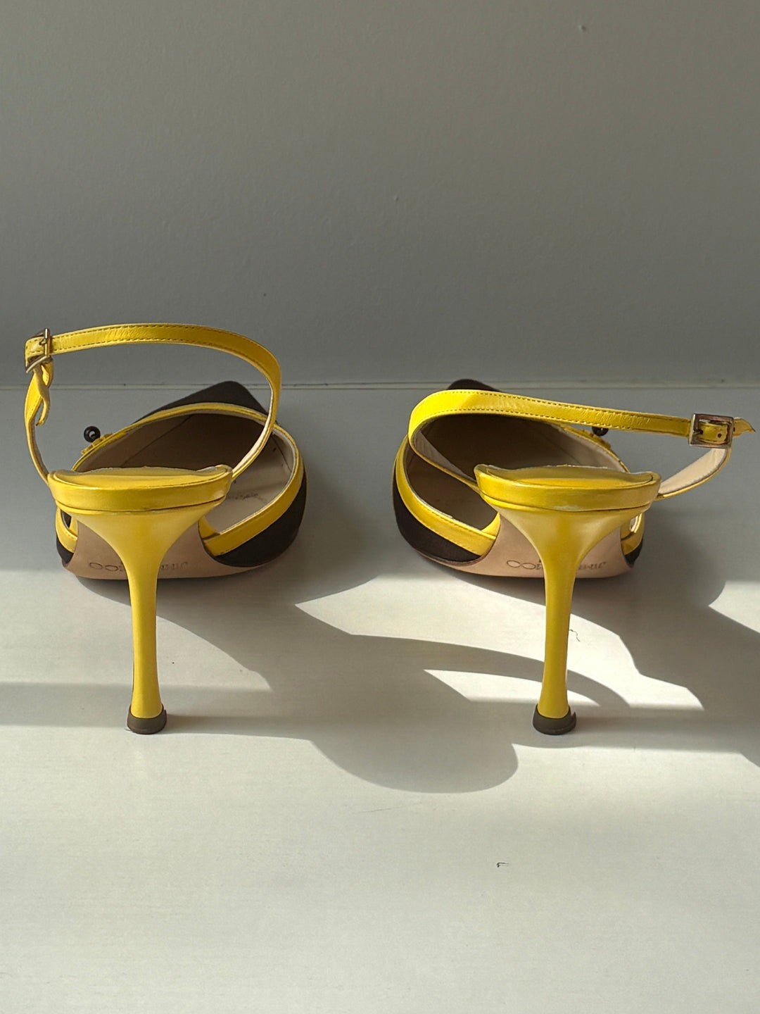 Jimmy Choo Vintage Brown Canvas and Yellow Leather Slingback Heels