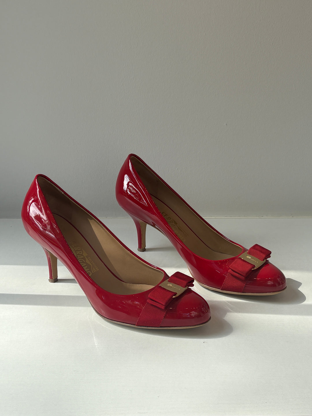 Salvatore Ferragamo Erice Red Patent Leather Vara Bow Pumps
