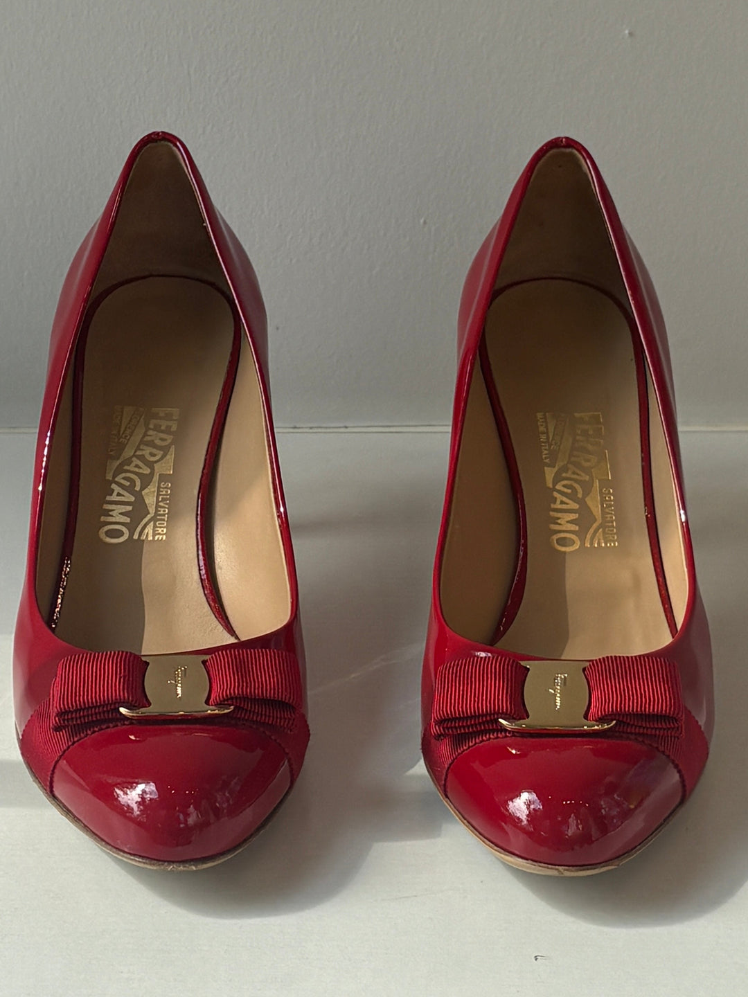 Salvatore Ferragamo Erice Red Patent Leather Vara Bow Pumps