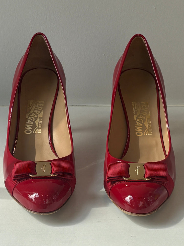 Salvatore Ferragamo Erice Red Patent Leather Vara Bow Pumps