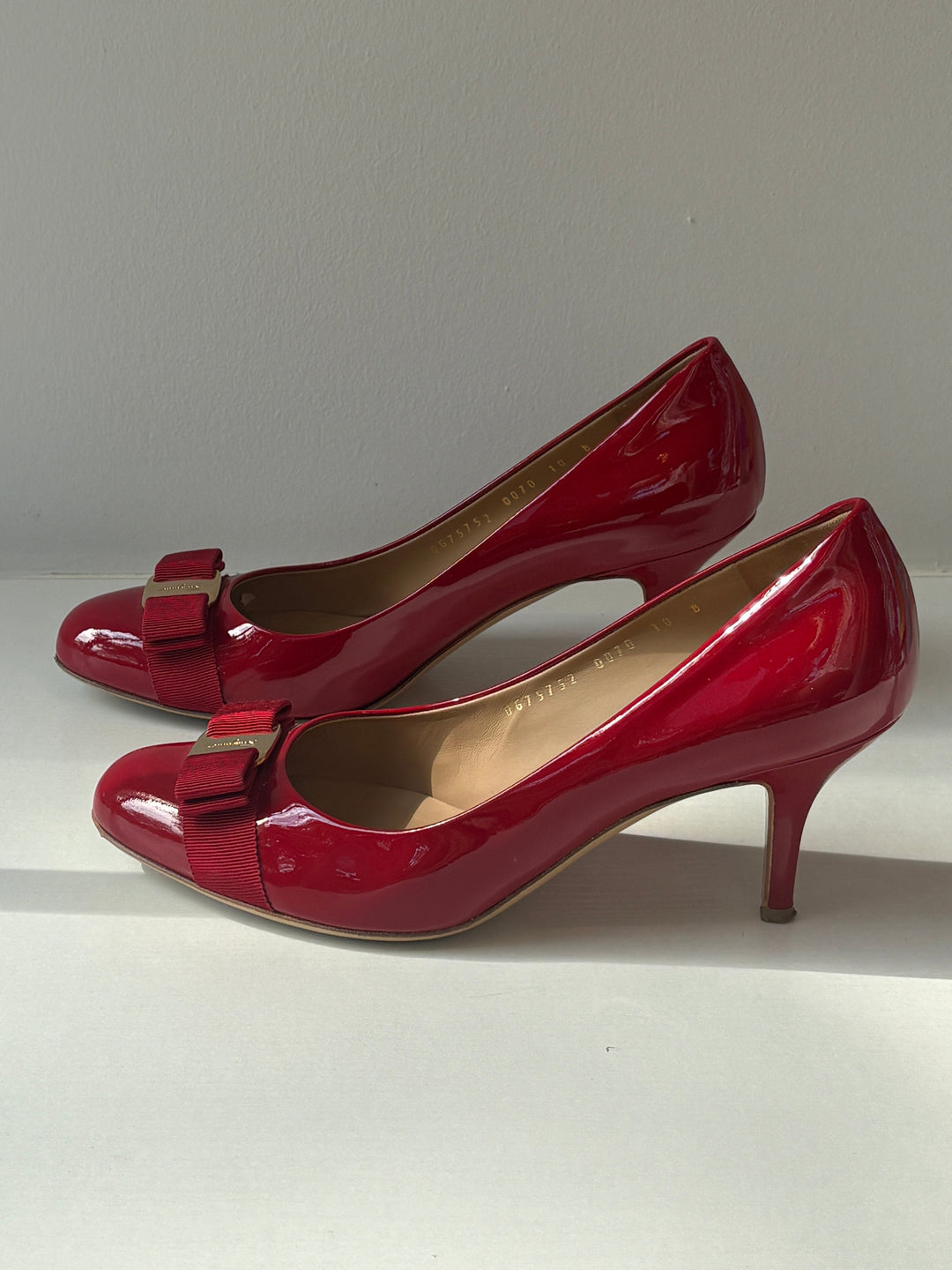 Salvatore Ferragamo Erice Red Patent Leather Vara Bow Pumps