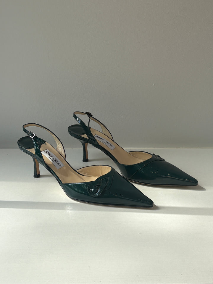 Jimmy Choo Vintage Teal Patent Leather Slingback Pumps