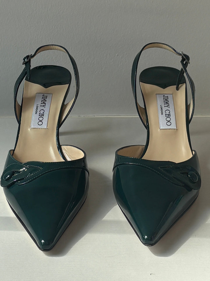 Jimmy Choo Vintage Teal Patent Leather Slingback Pumps