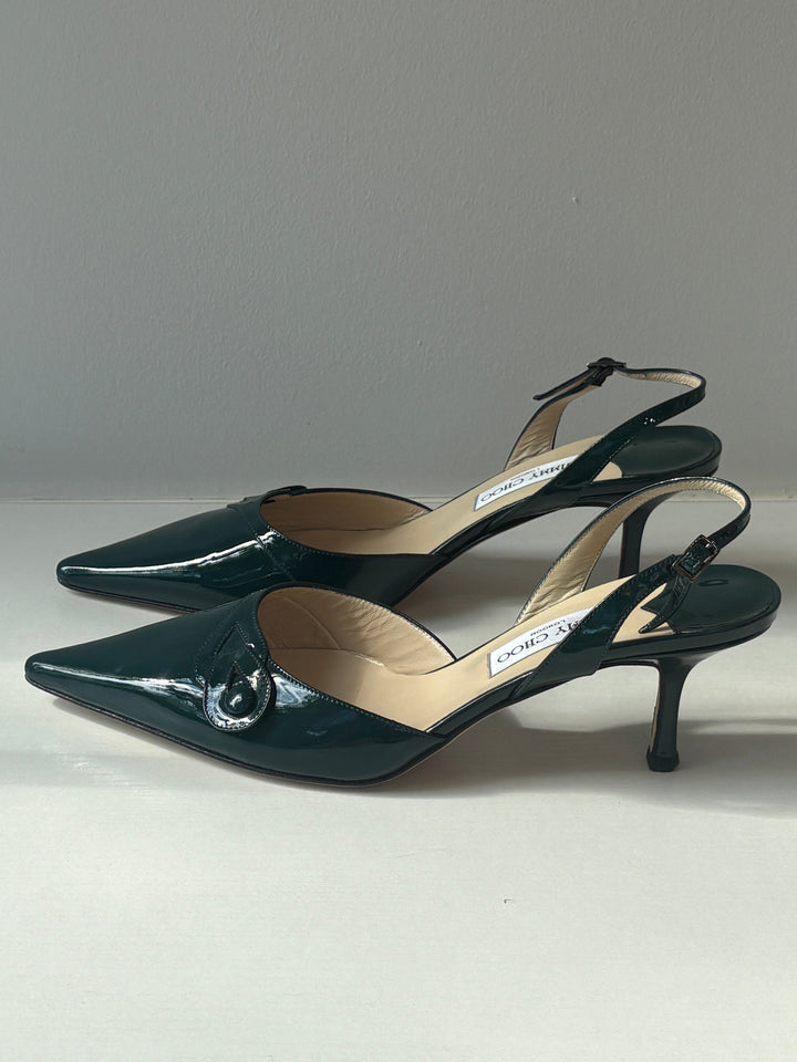 Jimmy Choo Vintage Teal Patent Leather Slingback Pumps
