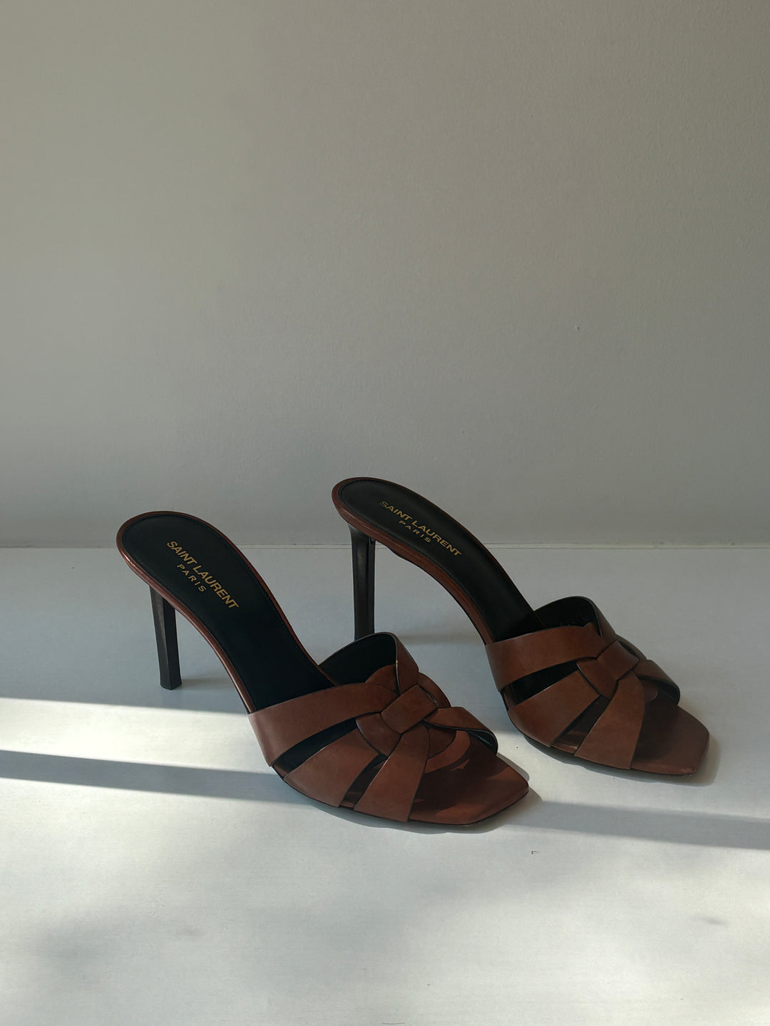 Saint Laurent Tribute Brown Leather Heeled Mule Sandals
