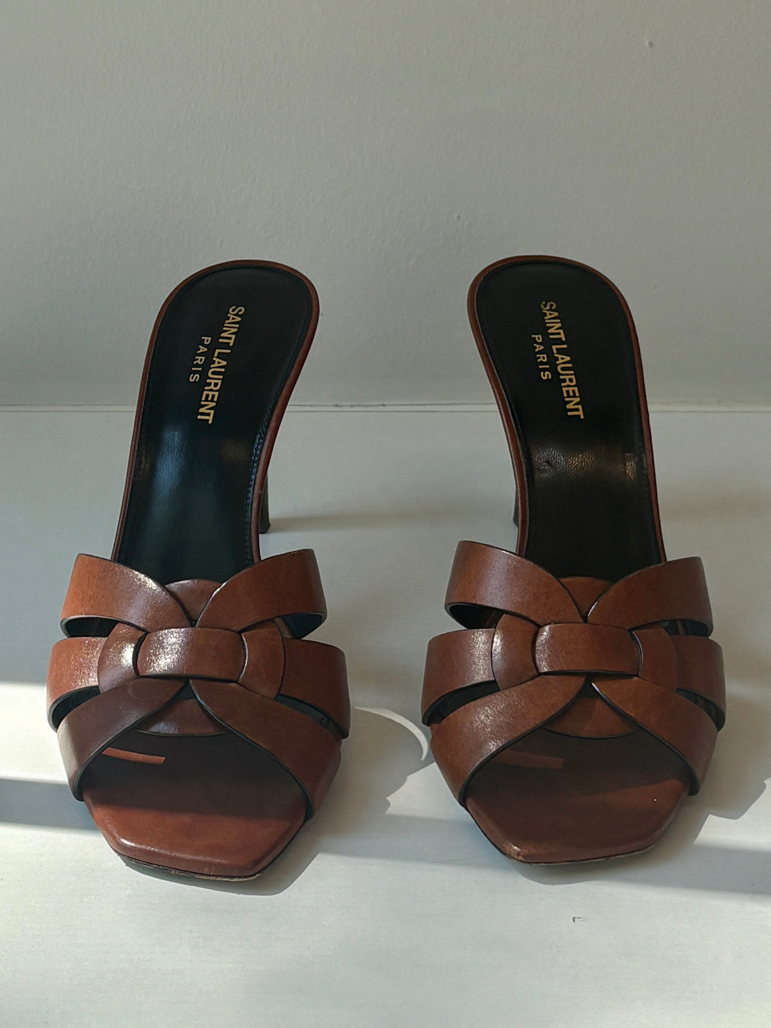 Saint Laurent Tribute Brown Leather Heeled Mule Sandals