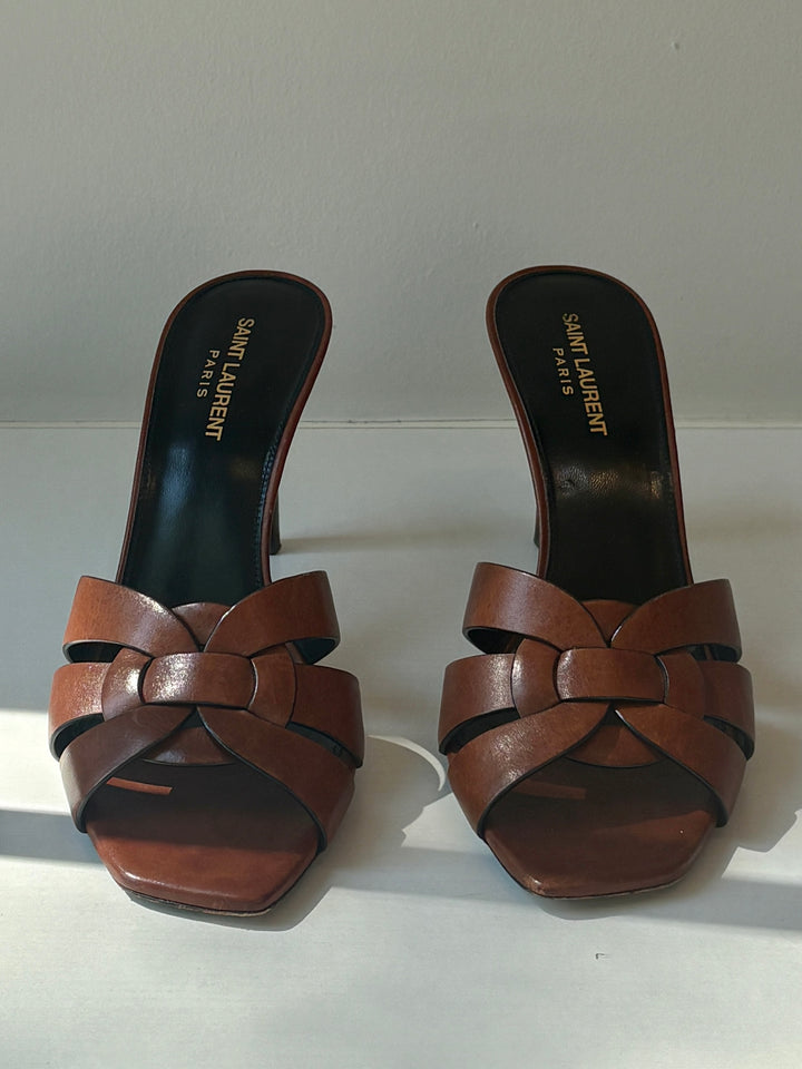 Saint Laurent Tribute Brown Leather Heeled Mule Sandals