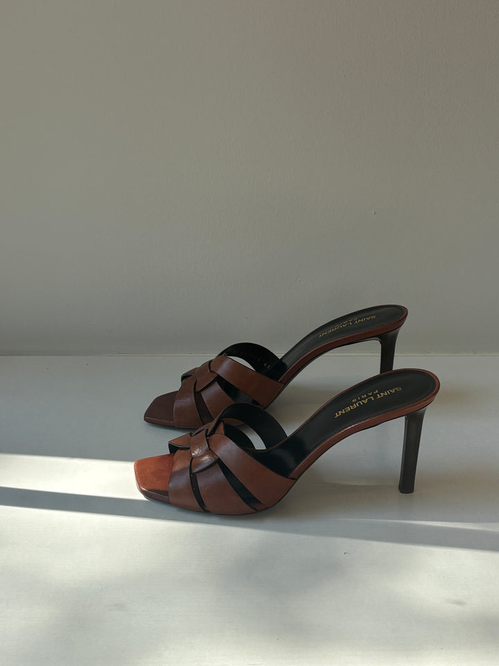 Saint Laurent Tribute Brown Leather Heeled Mule Sandals
