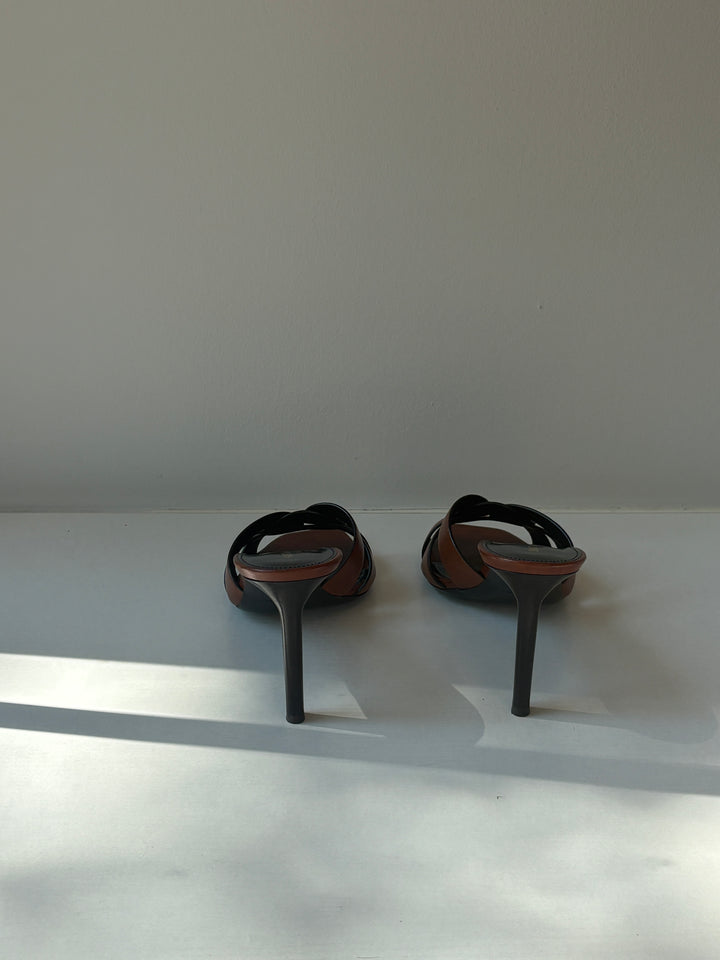 Saint Laurent Tribute Brown Leather Heeled Mule Sandals
