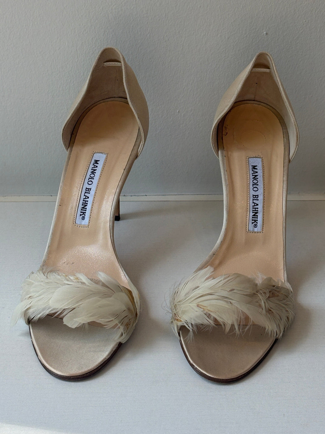 Manolo Blahnik Ivory Satin Feather Heels