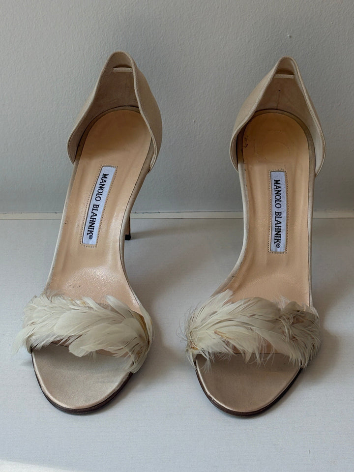 Manolo Blahnik Ivory Satin Feather Heels