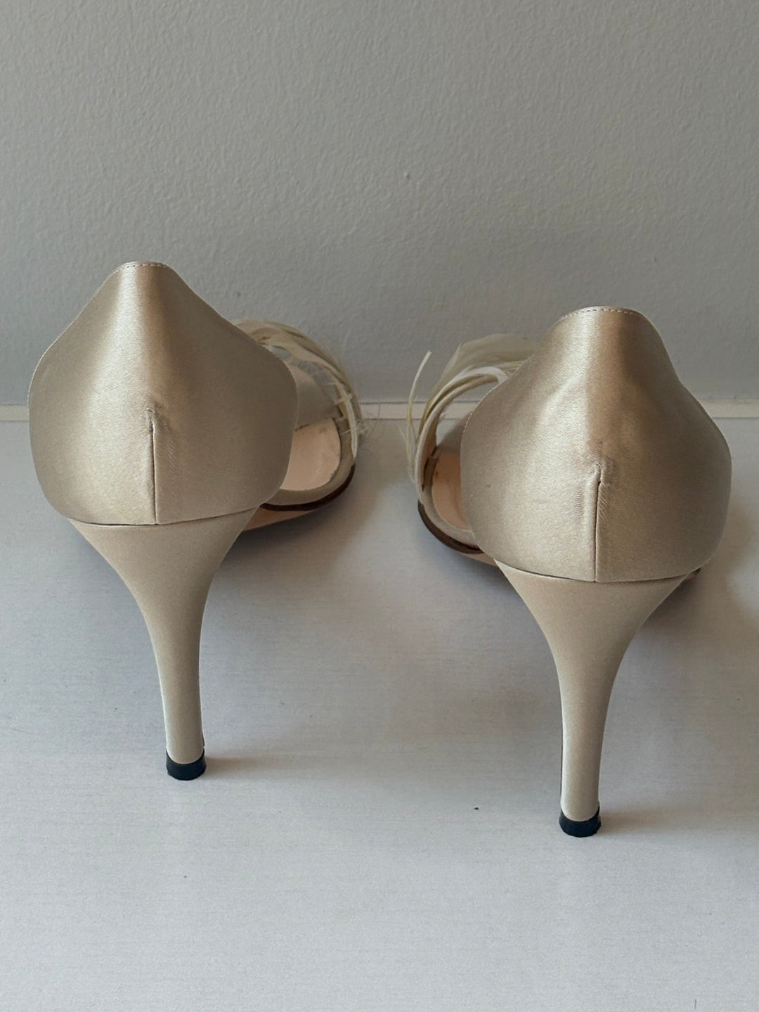Manolo Blahnik Ivory Satin Feather Heels