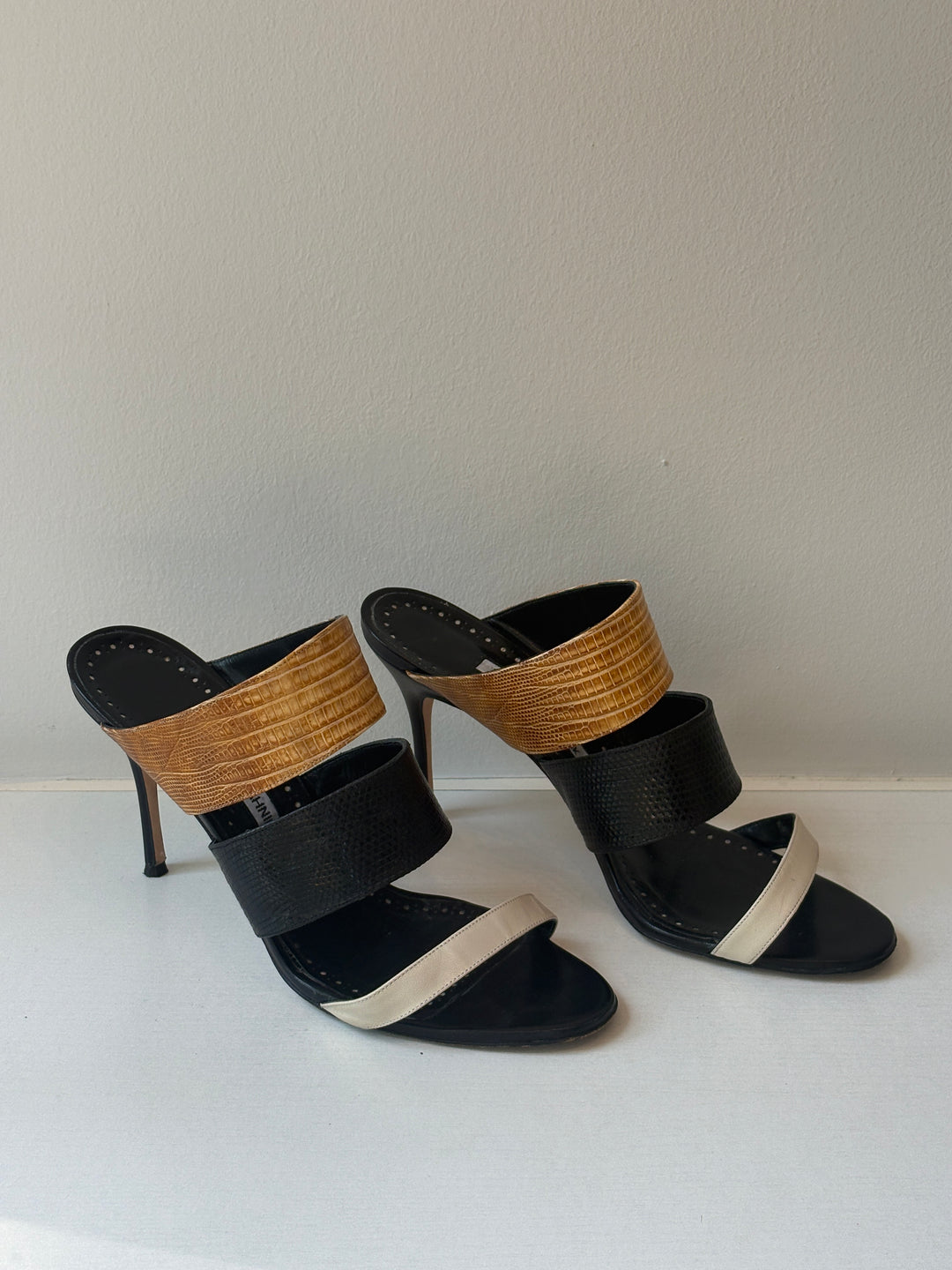 Manolo Blahnik Tri-Color Exotic Embossed Leather Heels