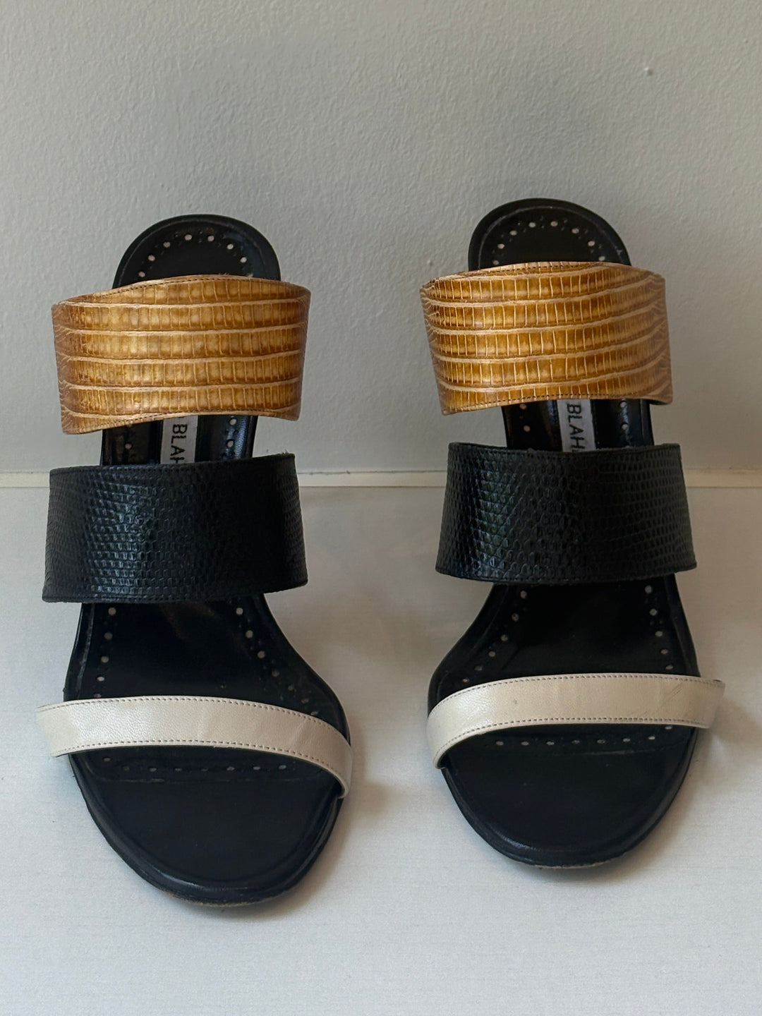 Manolo Blahnik Tri-Color Exotic Embossed Leather Heels