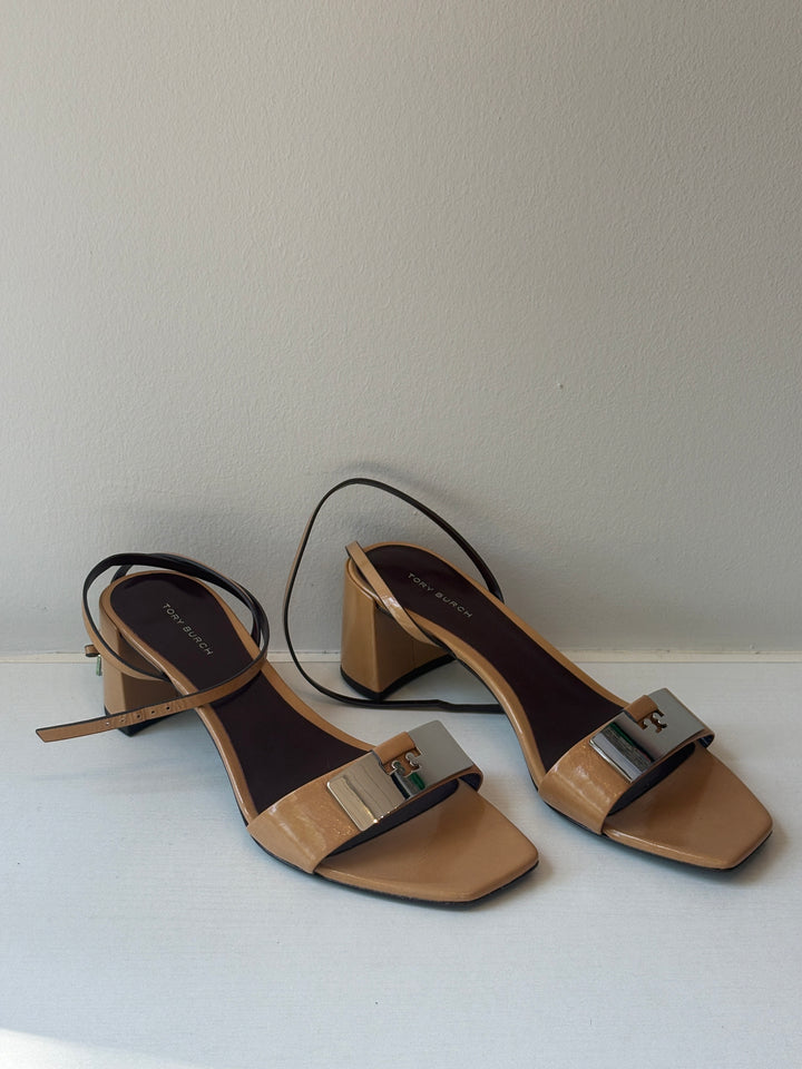 Tory Burch Caramel Patent Leather Block Heel Sandals
