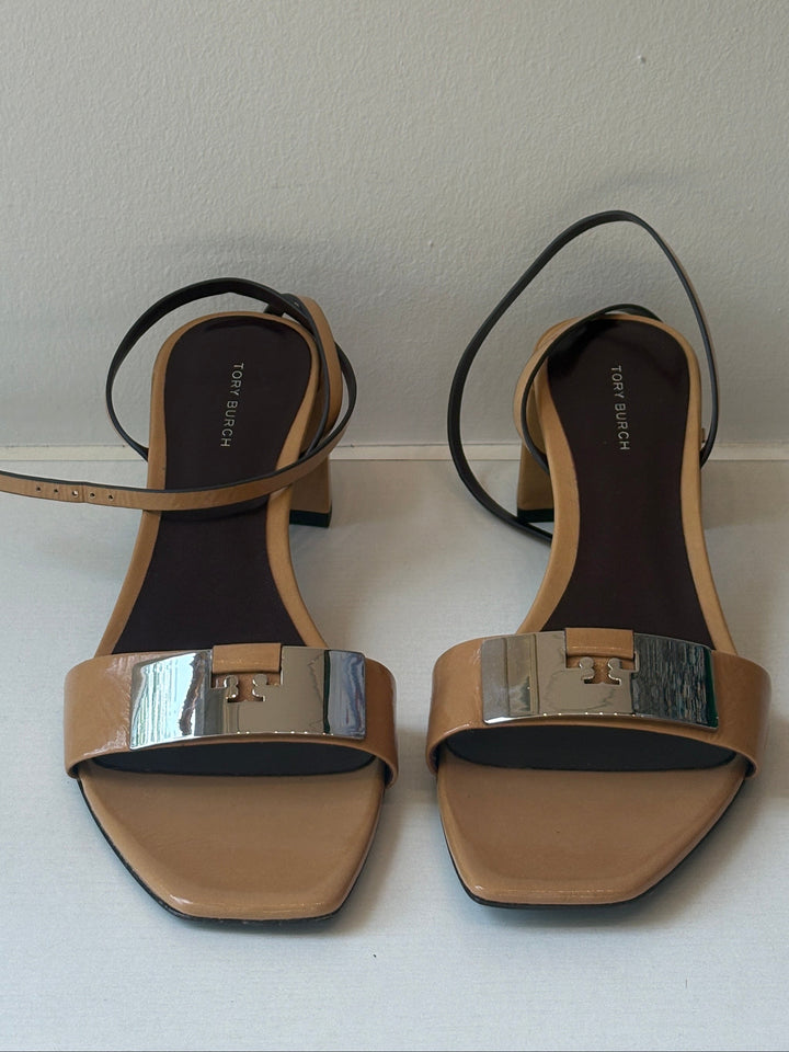 Tory Burch Caramel Patent Leather Block Heel Sandals