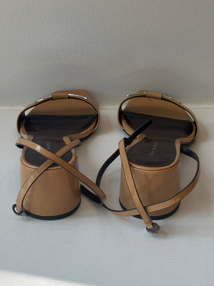 Tory Burch Caramel Patent Leather Block Heel Sandals