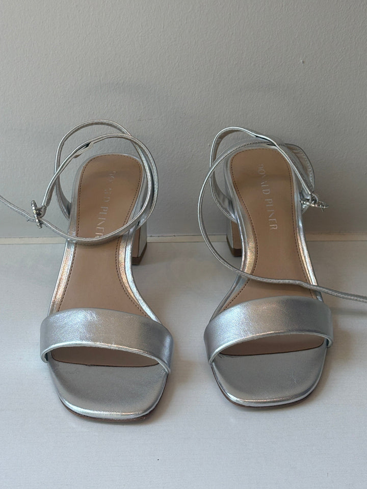 Donald Pliner Metallic Silver Leather Ankle Strap Block Heel Sandals