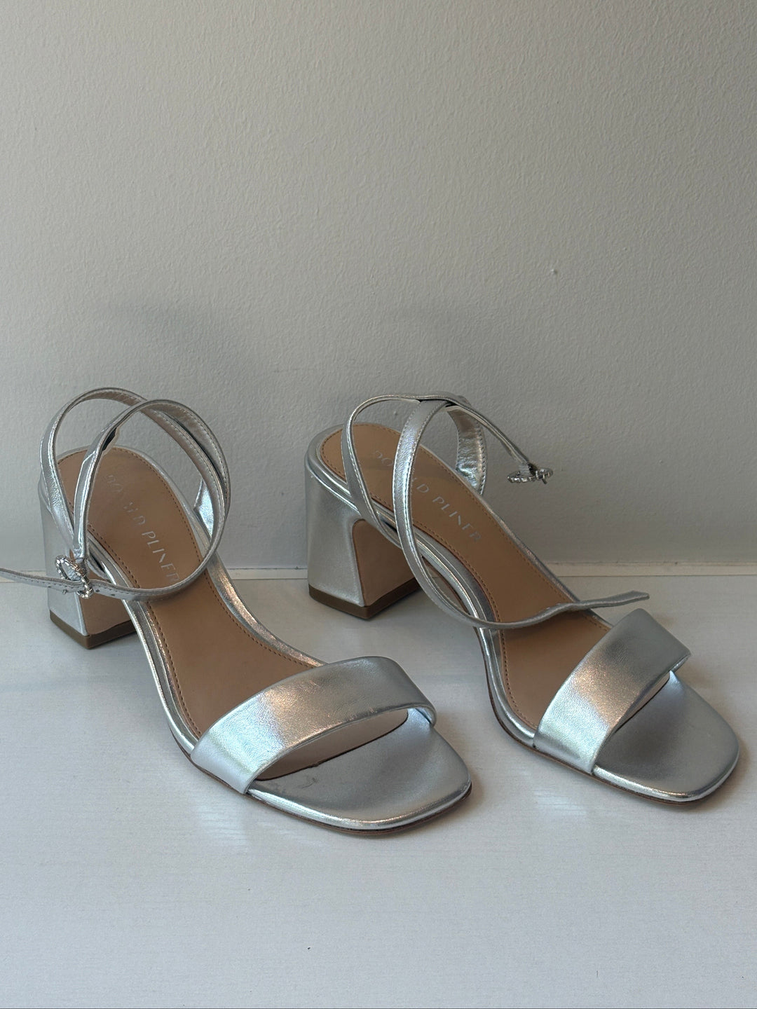 Donald Pliner Metallic Silver Leather Ankle Strap Block Heel Sandals